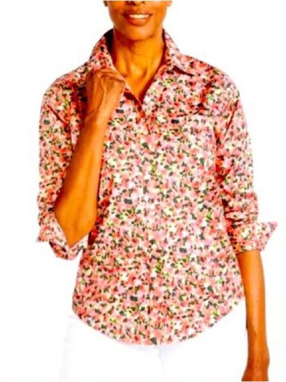 L.L.Bean Wrinkle-Free Floral Button Down Shirt Pink | Size M